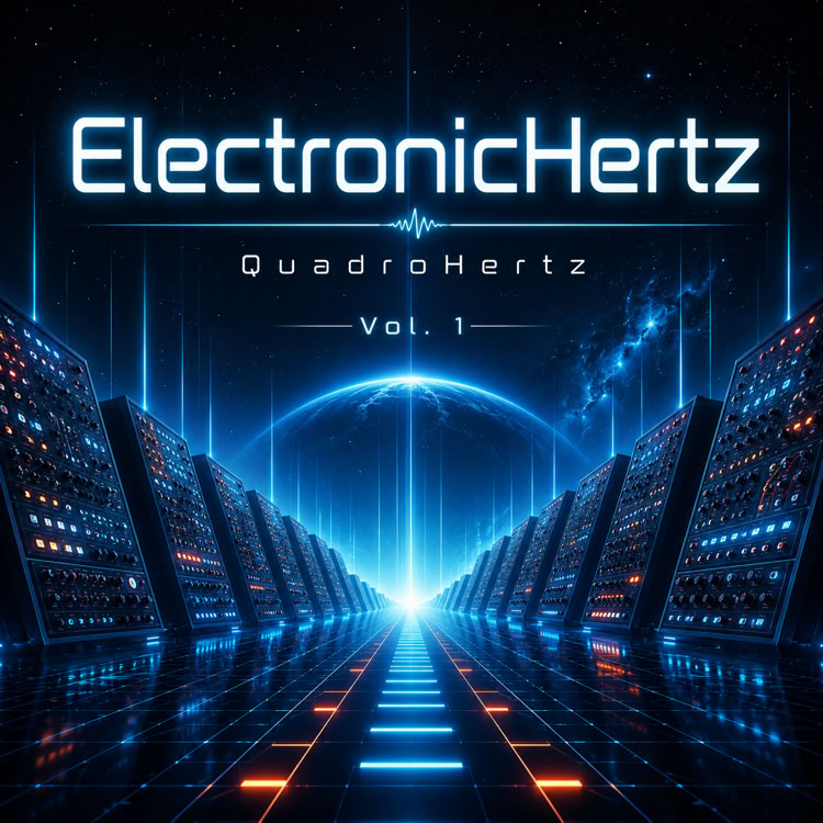 Futuristische digitale Landschaft mit leuchtenden blauen und orangefarbenen Lichtern, symmetrisch angeordneten Strukturen und dem Text "ElectronicHertz QuadroHertz Vol. 1" oben.