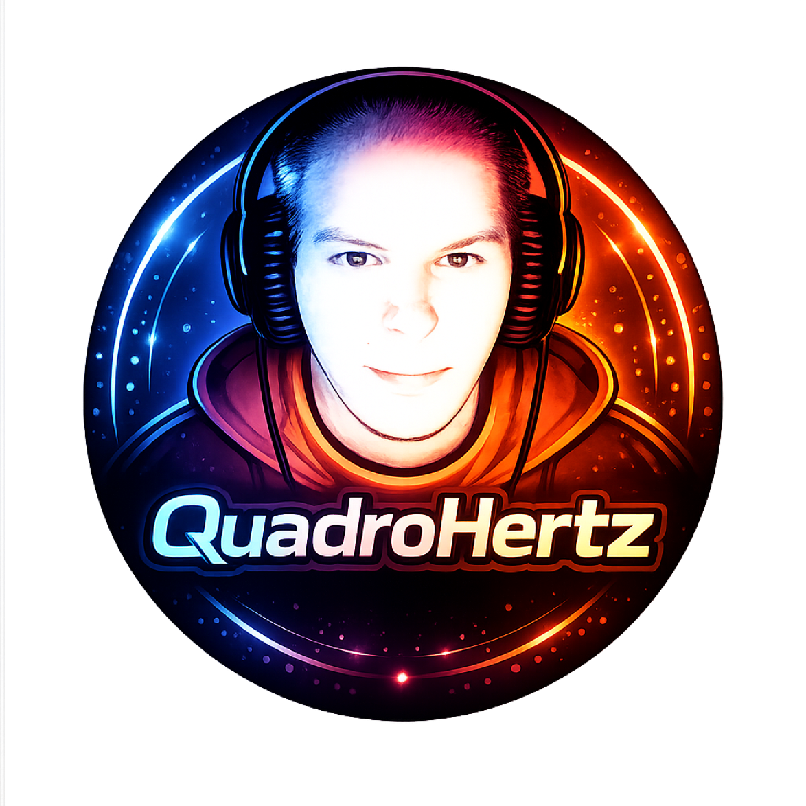 Illustration eines Gesichts mit Kopfh&ouml;rern in einem runden Rahmen, der zur H&auml;lfte blau und zur H&auml;lfte rot ist, mit dem Text "QuadroHertz" darunter.