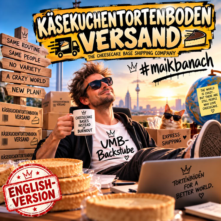 Ein Mann mit Sonnenbrille sitzt entspannt vor einem Laptop, h&auml;lt eine Tasse und ist umgeben von gestapelten Kartons und K&auml;sekuchenb&ouml;den. Im Hintergrund ist eine Stadtlandschaft zu sehen.