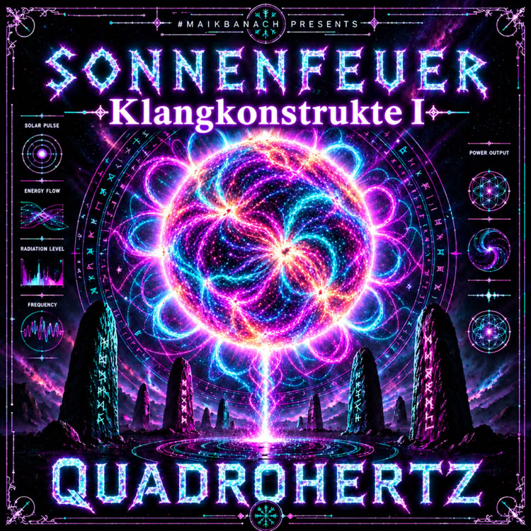 Ein leuchtendes, abstraktes Design mit einem zentralen, spiralf&ouml;rmigen Muster in Neonfarben, umgeben von geometrischen Formen und Texten auf einem dunklen Hintergrund.